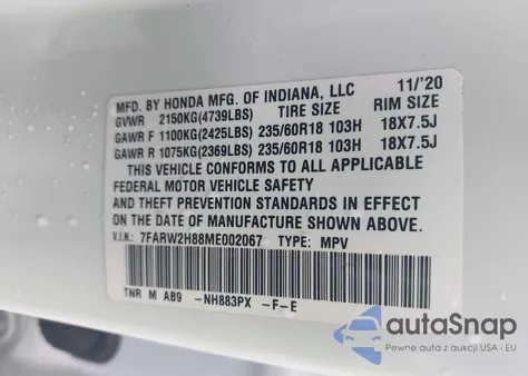 2021 Honda Cr-V Awd Ex-L z USA, uszkodzony, nr VIN 7FARW2H88ME002067